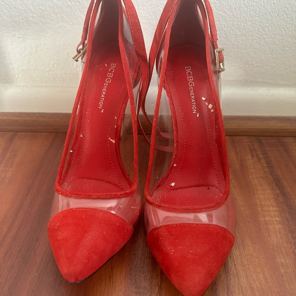 BCBGeneration Vibrant Red Heels with Transparent Sides